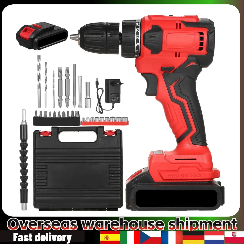 21V 80N.m 25+1 Torque Brushless Lithium Drill 3/8in Chuck Heavy Duty Electric Drill Power Screwdriver with Bits