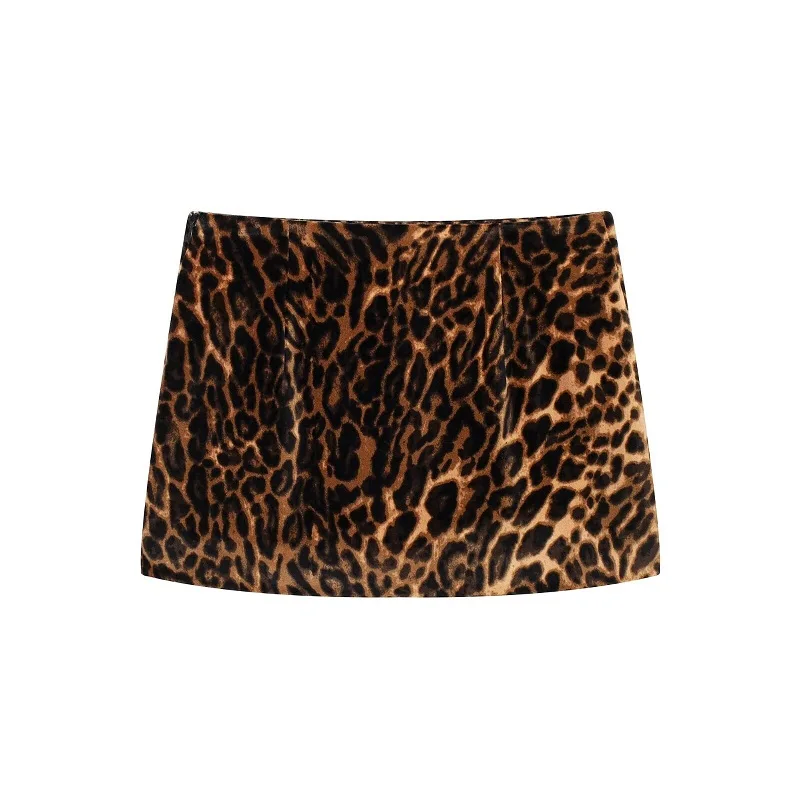 TRAF Leopard Print Women Skirt Set Office Velvet Mini Skirts for Women High Waist Short Skirt Woman Fashion Winter Women\'s Skirt