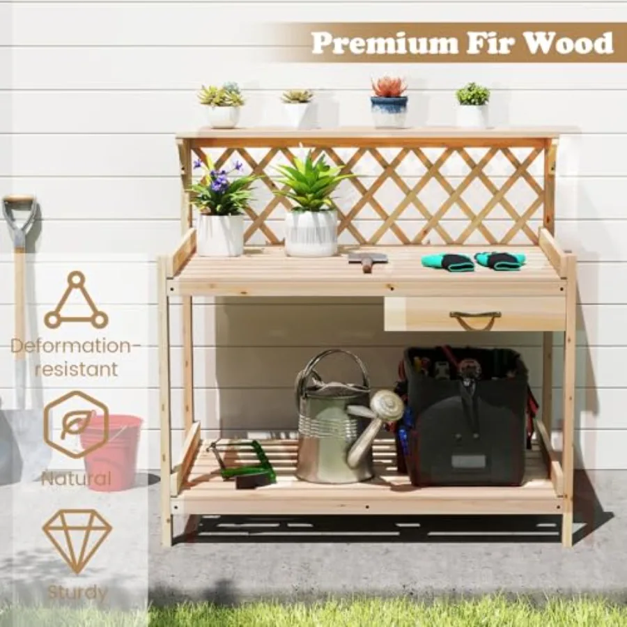 Garden Potting Table, Solid Fir Wood, Natural Wood Color, Versatile Trellis Storage for Backyard Balcony Lawn