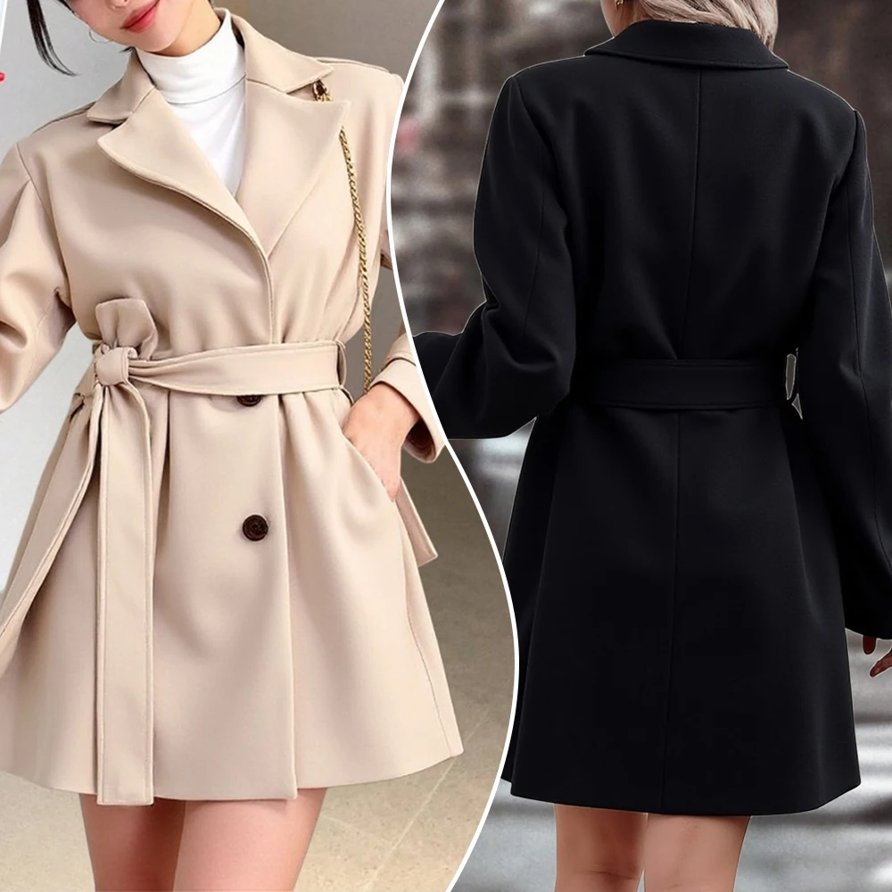 

Женские пальто, зима 2025 г., однотонный Тренч с французскими лацканами и длинными рукавами, приталенный уличный плащ