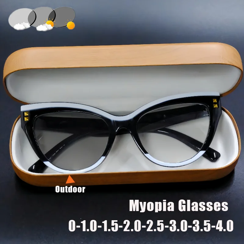 

Round Rice Nail Photochromic Myopia Glasses Fashionable Women's Personalised UV Protection Minus Diopter Eyeglasses 0 To -4.0