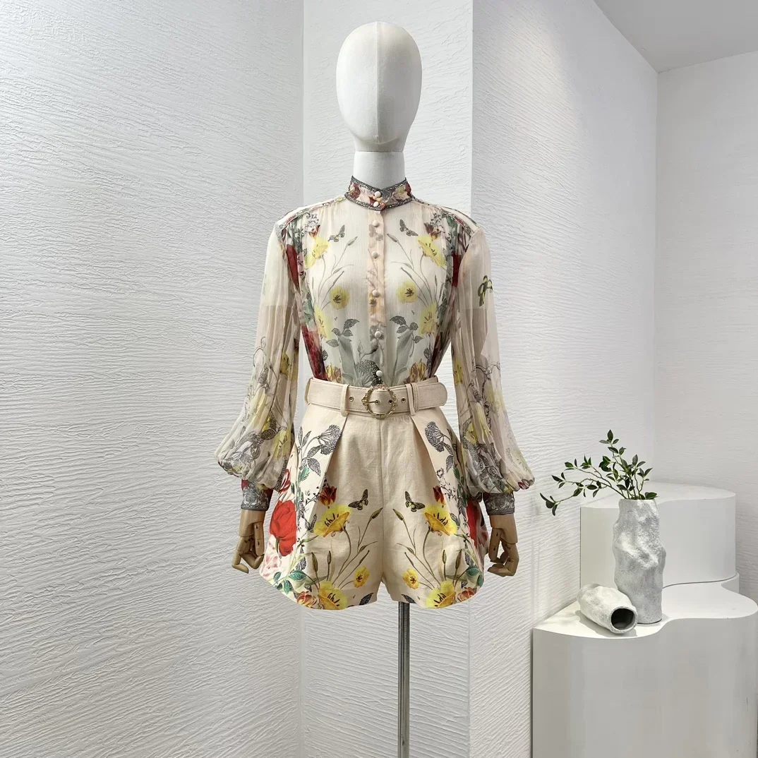 Summer 2024 Women New Holiday Collection Floral Print Long Lantern Sleeve Vintage Silk Blouse Tops and Belted Linen Shorts Set