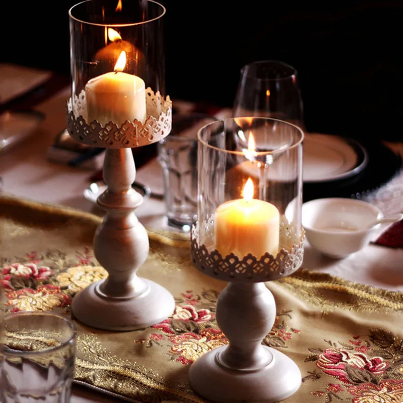 

European Candlestick Romantic Candlelight Dinner Props Western Food Vintage Engraving Wrought Iron Glass Valentine's Day