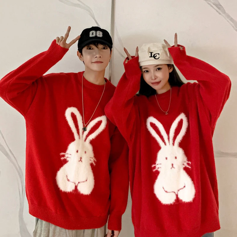 Japan Style Vintage Cute Rabbit Women Sweaters Spring Autumn Fashion All-match Oversized Knitted Couple Pullover New Year Easter