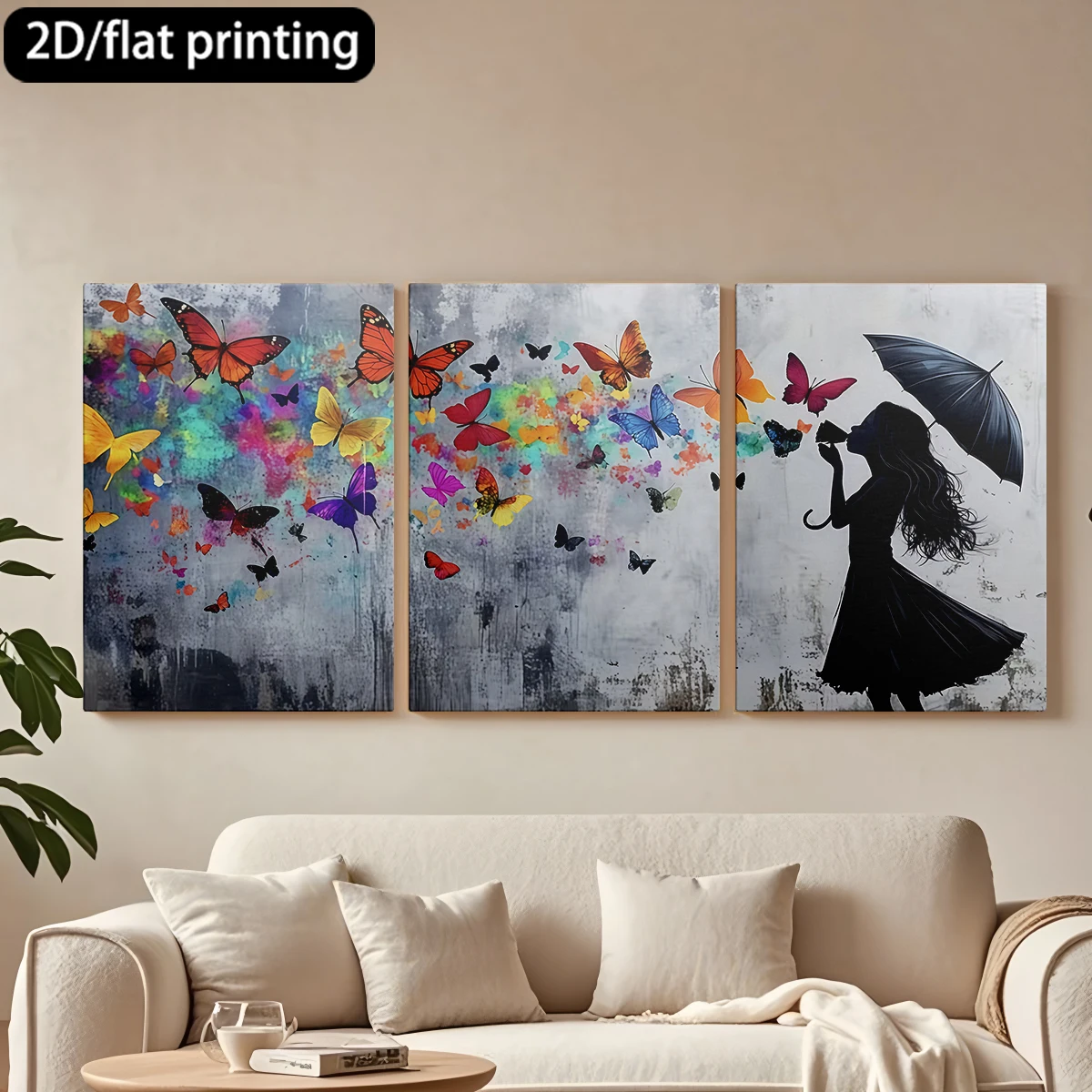 

Набор из 3 картин на холсте в деревянной раме: Женщина с зонтом, разноцветные бабочки. Декор для коридора, украшение для гостиной.