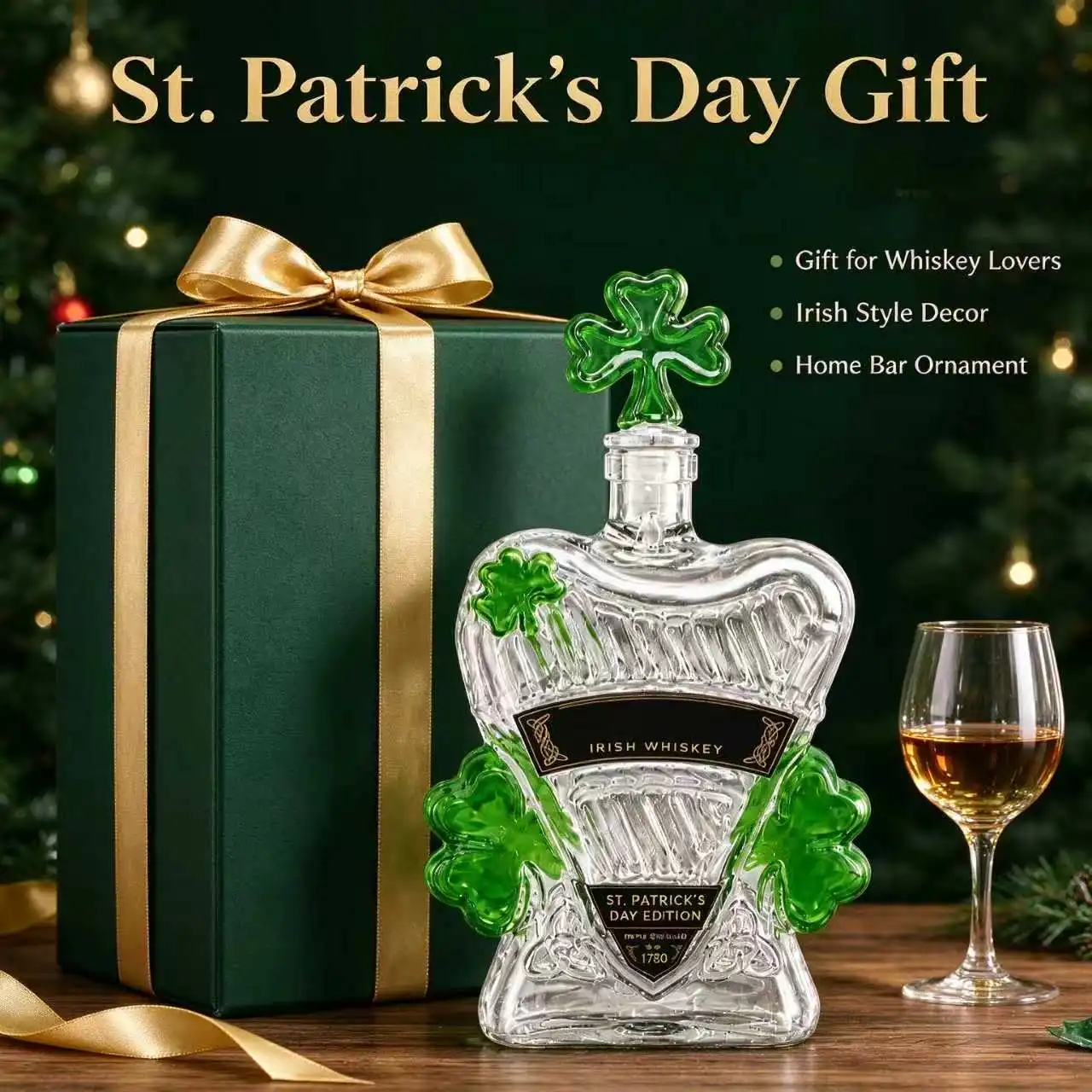 Shamrock Glass Whiskey Decanter, Irish Clover Liquor Bottle, Home Bar Decor, St. Patrick's Day Gift