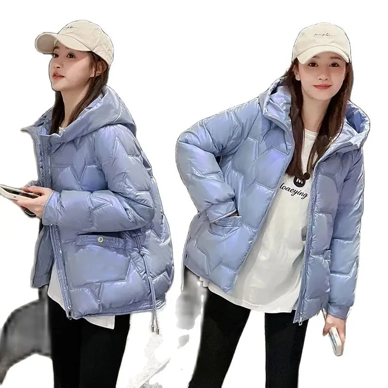 

Fall Winter 2023 New Women's Glossy Short Hooded Cotton-Padded Jacket Joker Thickened Trend Warm Sweet Fresh Pocket Zipper Coat.