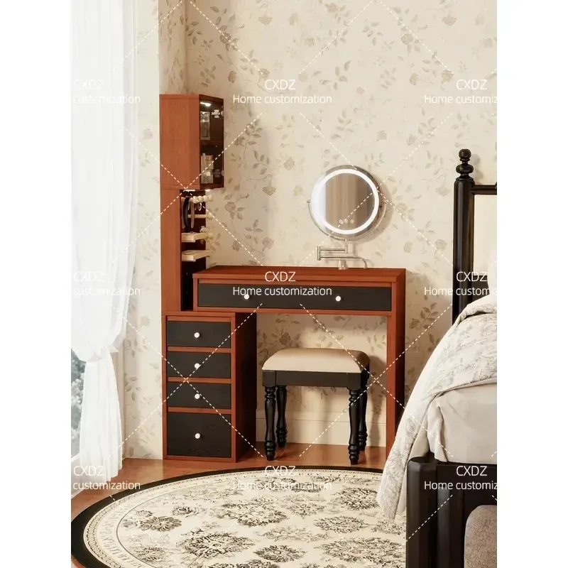 Medieval Style Bedroom Dresser with Mirror Corner Makeup Table Retro Retractable Bedside Table Integrated Storage