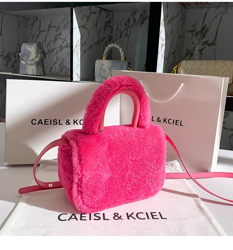 Autumn Winter Soft Faux Fur Pink Square Bag Fashion Women\'s Handbag Crossbody Bag Lady Purse Female Shoulder Messenger Bag