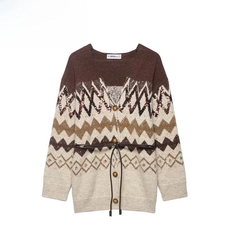 

Модная вязаная верхняя одежда для женщин RS Sle, осенне-зимняя, с вышивкой, бисерными аппликациями, поясом, из полиэфирного волокна, с длинными рукавами, V-образным вырезом.