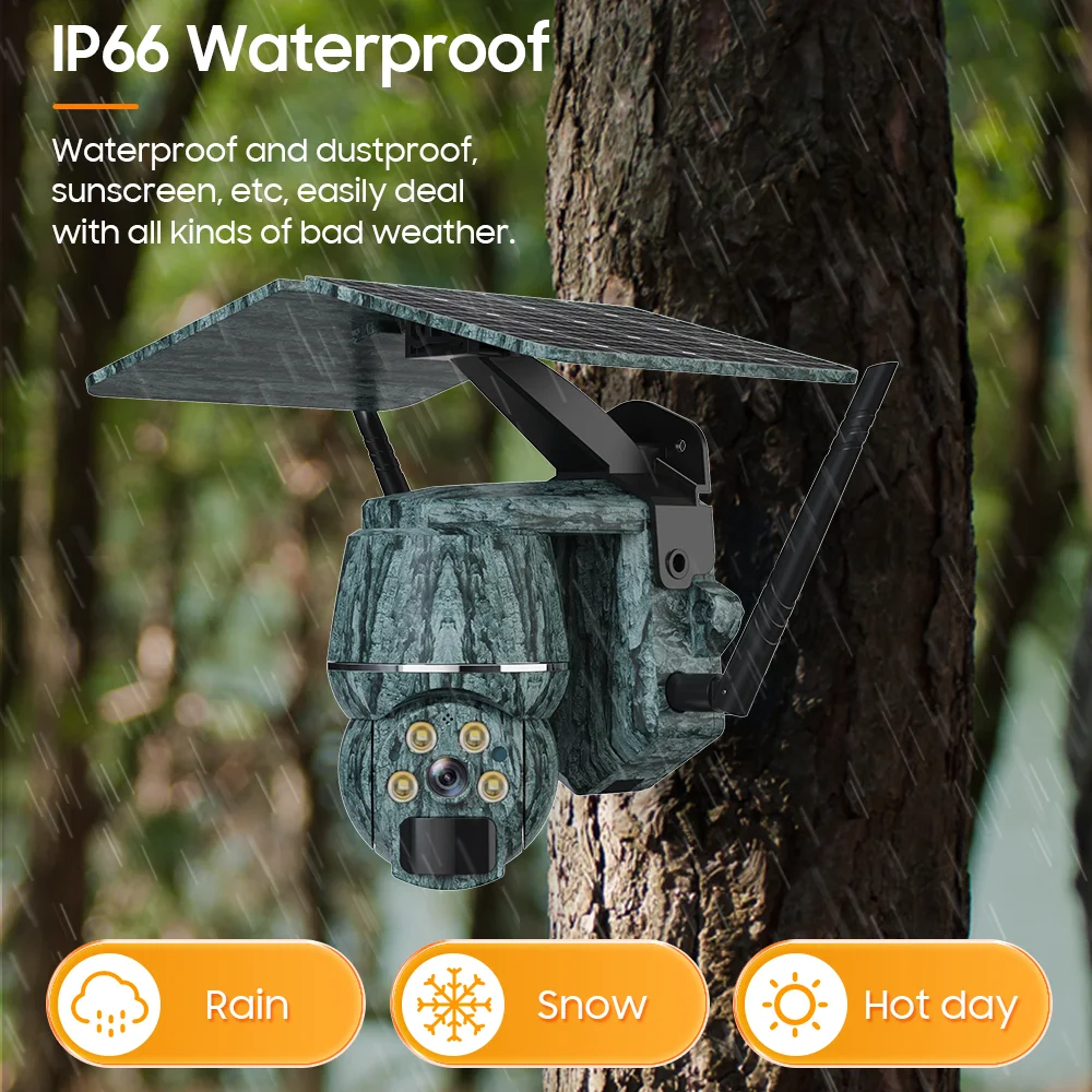 Segurança exterior IP Hunting Camera, Visão Noturna PTZ, Detecção de Humanos e Animais, Câmera Solar, Monitoramento da Vida Selvagem, SIM e Wi-Fi, 2K, 5MP HD, 4G