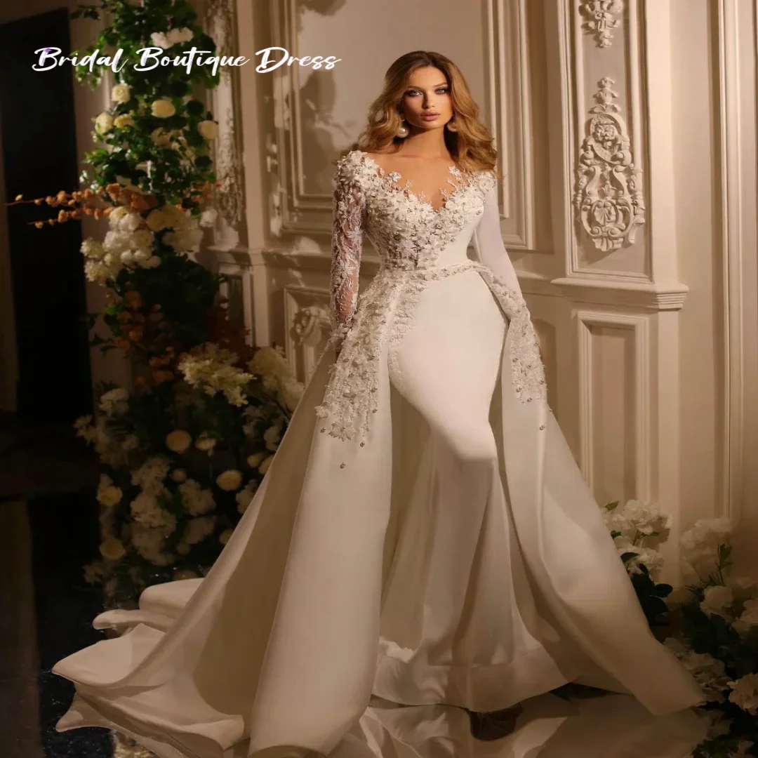 Personalizado luxuoso decote em v sexy sereia vestidos de casamento manga longa pérolas bordado destacável overskirts vestido de novia