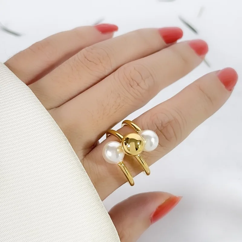 ALLNEWME New Fashion White Faux Pearl Multi Layered Twisted Finger Ring For Women Gold PVD Plated Stainless Steel Jewelry