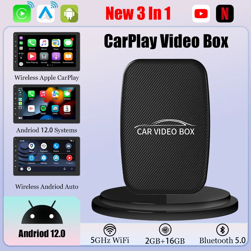 

New Mini CarPlay Smart Video Box Android 12.0 & Apple CarPlay & Android Auto 3IN1 Adapter Built-in Youtube Netflix Plug & Play