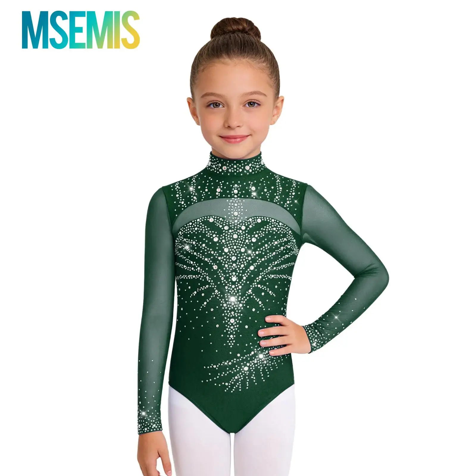 

Детский гимнастический купальник для девочек с блестящими стразами, балетный костюм, танцевальный костюм с длинным рукавом, невидимой молнией на спине и сетчатыми вставками