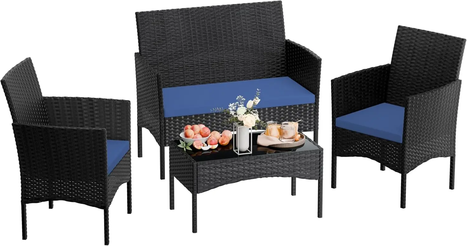 4 Pieces Patio Furniture Set Outdoor Conversation Set Rattan Furniture Set Wicker Chairs and Sofa with Glass Table