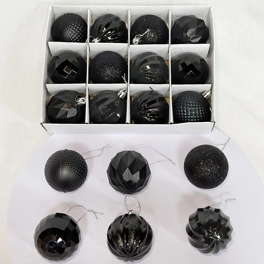 

12pcs/set, 6cm/2.36inch Christmas Tree Hanging Decoration Balls, Black Ball Christmas Ornaments Set, for Christmas Home Party