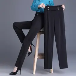 Primavera estate Casual elastico in vita dritto bottoni temperamento donna pantaloni neri a vita alta abbigliamento donna pantaloni semplicità