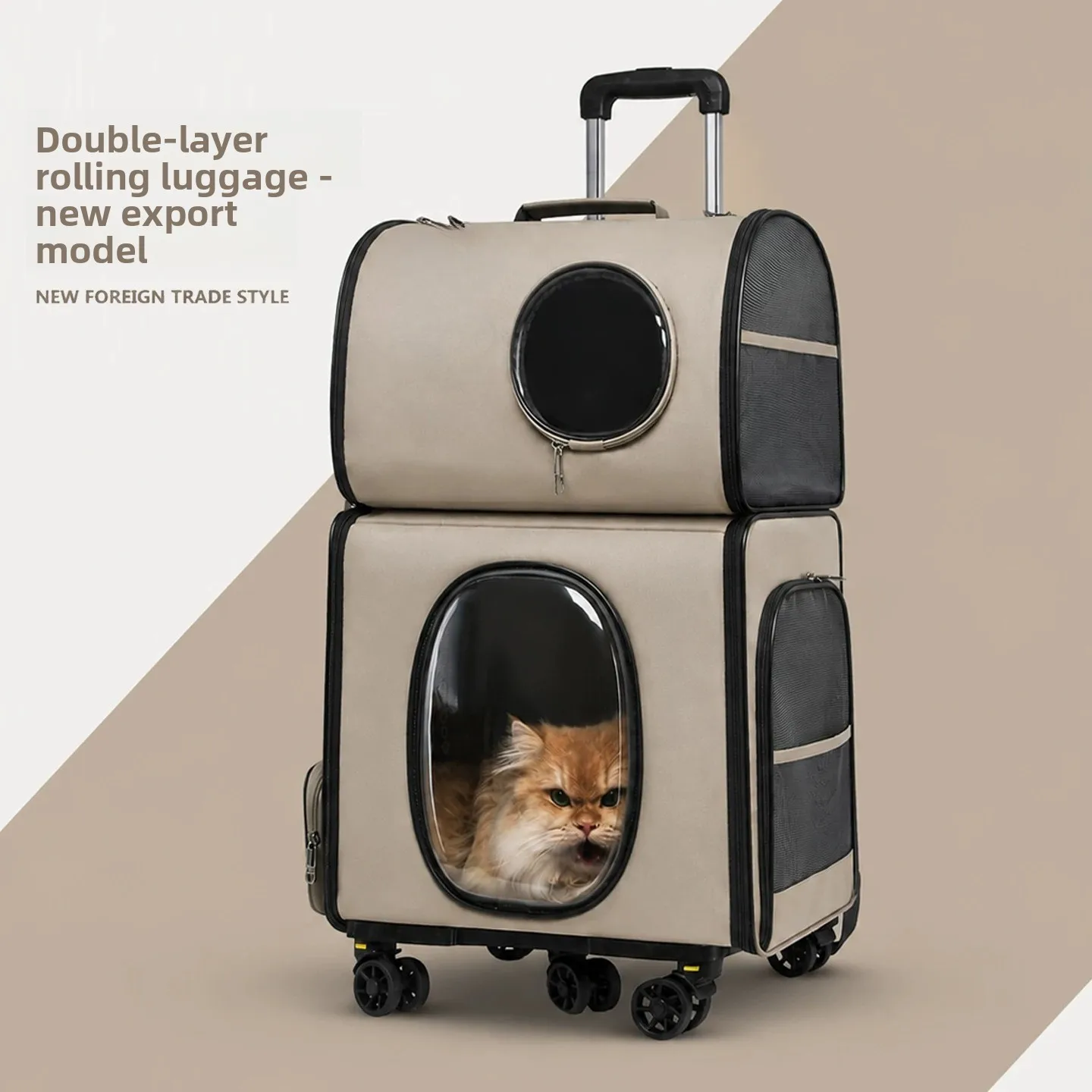 Double‑Layer Pet Trolley Carrier Backpack Large Capacity Rolling Cat Dog Travel Bag Portable For Small Pets Outdoor Walking