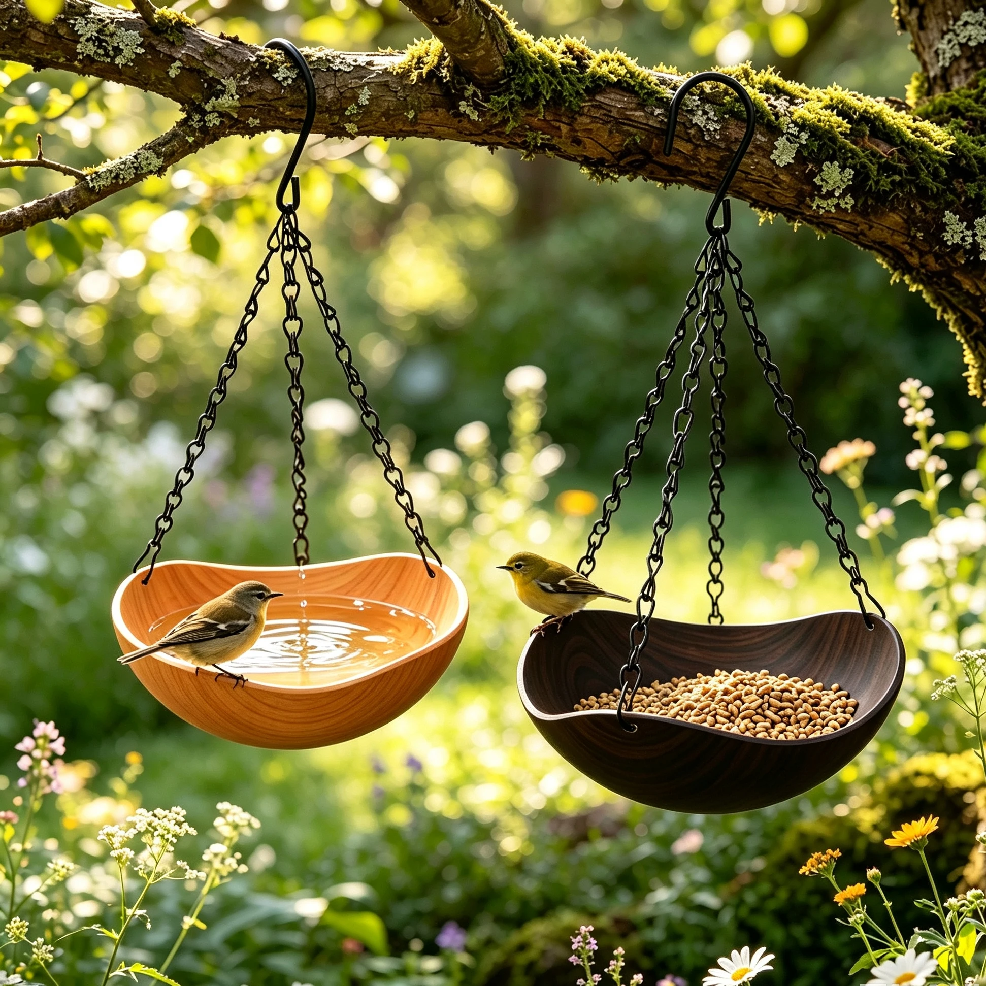 Hanging Bird Feeder Water Bath Bowl Iron Chain Retro Wood Grain Double/Single Layer Tray Rustproof Garden Outdoor Decor Birdbath