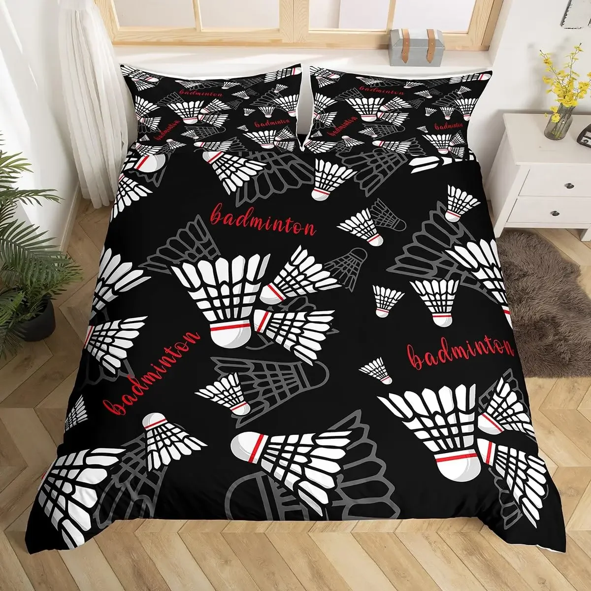 Badminton Duvet Cover Set Kids Badminton Sports Bedding Set Boys Girls Room Decor Ball Games Pattern Black Comforter Cover Sets
