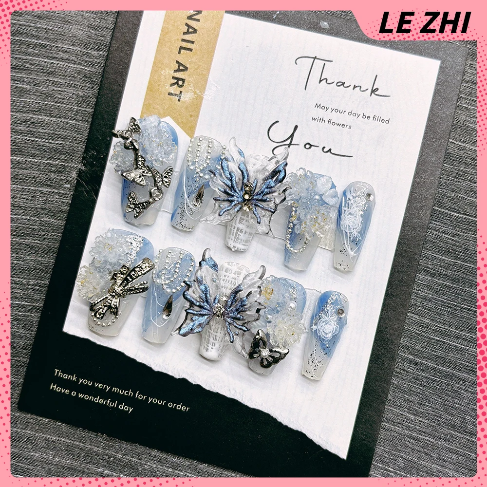 Handmade 3D Flower Nail Party Sticker Light Pink Lily Pearl Bowknot Press On Nail French Style Rhinestone Nail Party Sticker