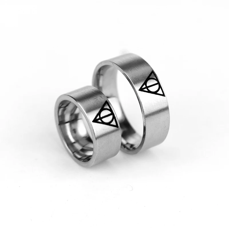 Movie Trendy Silver Color Deathly Hallows Stainless Steel Rings Geometric Circle Triangle Ring for Men Women Jewelry