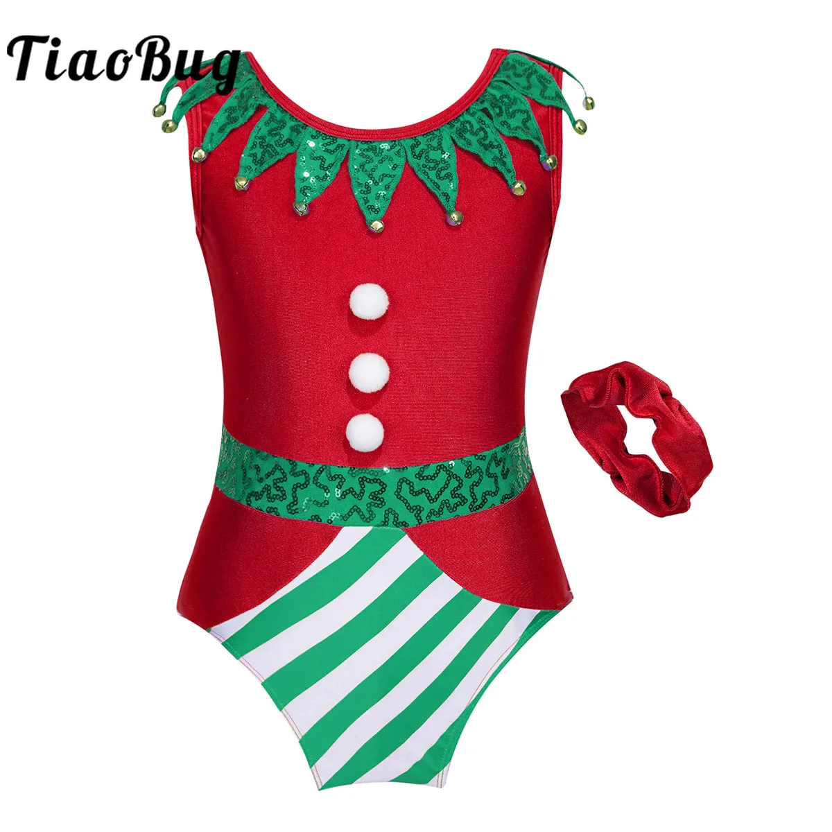 Kids Girls Christmas Elf Costume Xmas Dance Gymnastics Leotard Unitard Bodysuit Sequin Stripes Carnival Santa Cosplay Costume