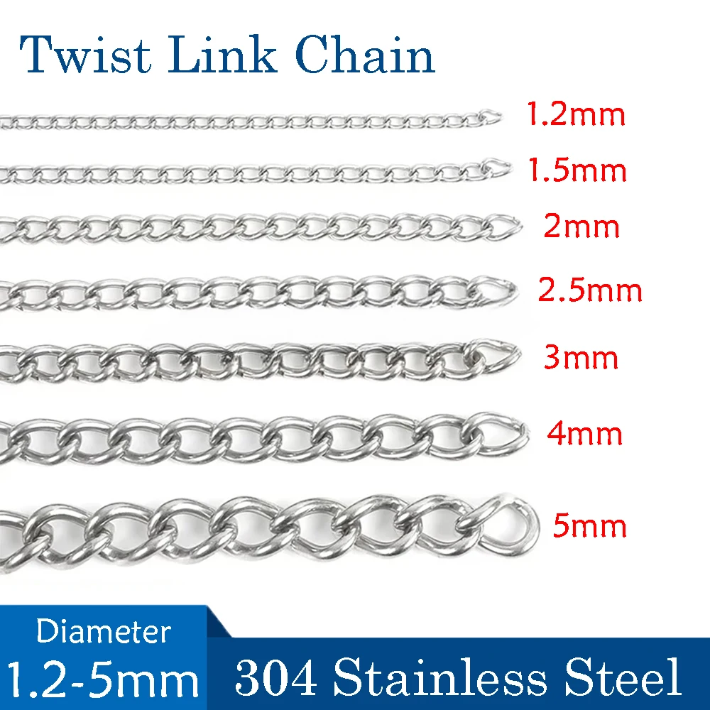 

1 Meters 1.2-5MM Dia Seamless Welded 304 Stainless Steel Twist Link Chain For DIY Bracelets Necklace Jewelry Billboard Hanging