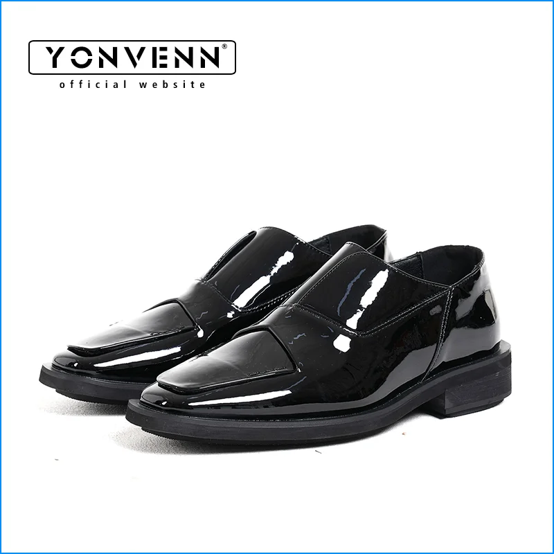 Bright leather loafers for men's asymmetrical cut casual square toe formal dress leather shoes wedding shoes