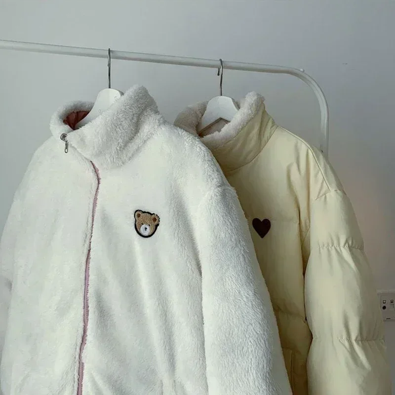 Cute Embroidery Parkas Coat Women Winter Korean Fashion Thick Loose Warm Puffer Jacket Double Sided Design Pink Student Clothes