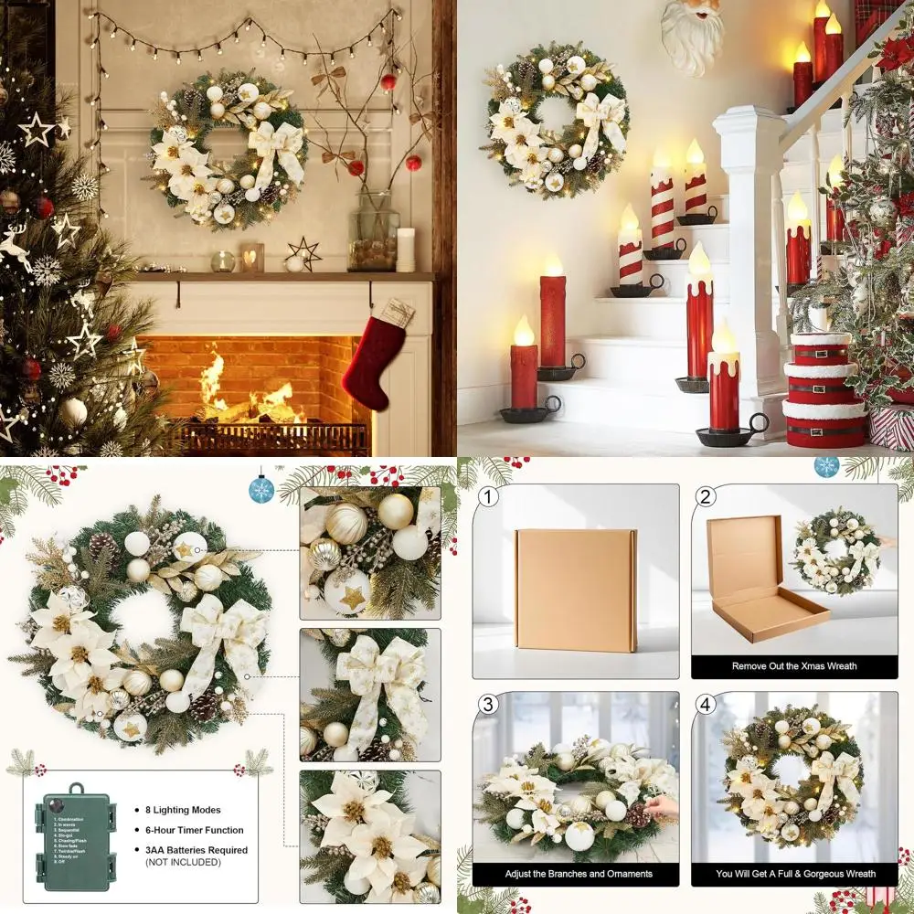 

Battery-Powered 24 Artificial Christmas Wreath with Champagne Bows, Berries, and Pine Cones for Indoor/Outdoor Decor