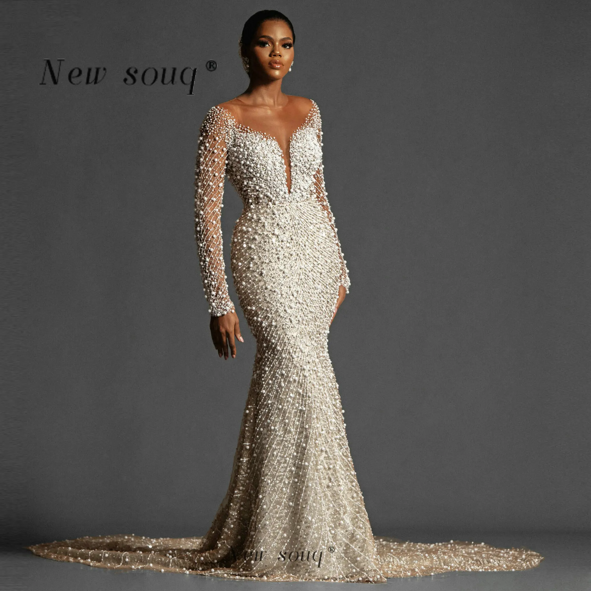 

Luxury Major Pearls Beaded Long Sleeves Mermaid Wedding Dresses Stunning African American Illusion Back Bridal Gowns Customize