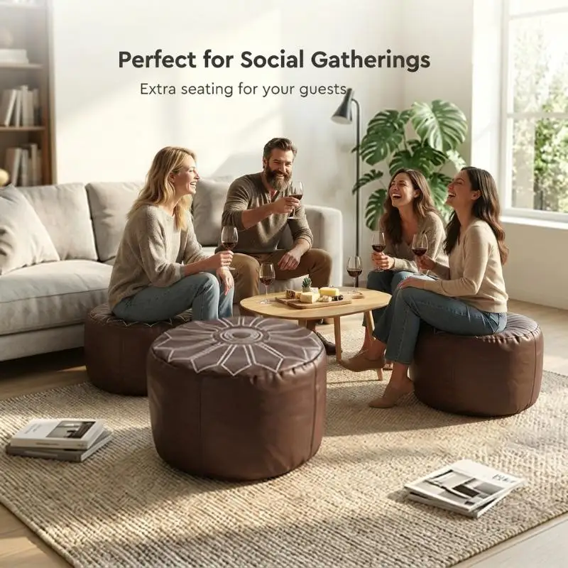 【CC】Fillable Embroidered Pattern Foldable Storage Pouf Ottoman PU Leather Footstool with Hidden Storage for Living Room Bedroom