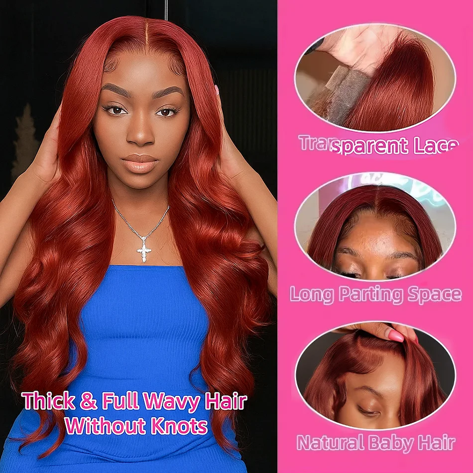 Peruca Frontal de Renda com Ondas Corpo em Tom Castanho Avermelhado, Cabelo Humano Brasileiro Pré-Desfiado, 16-32 Polegadas, Perucas Frontais de Renda Transparente 13x4