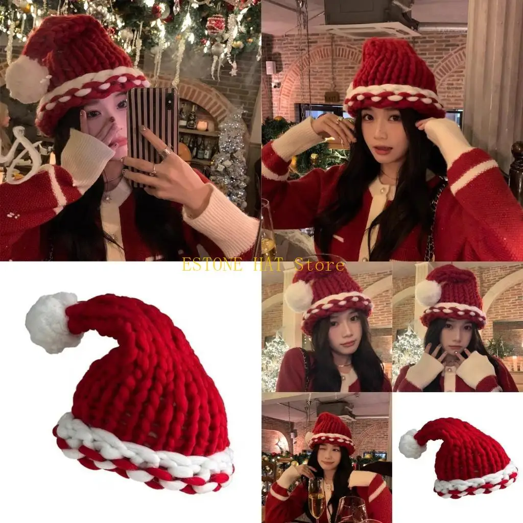 49MF Christmas Santa Hat for Holiday Celebrations Festival Props Hat for Adult All Age Crochet Santa Caps Party Props Headwear