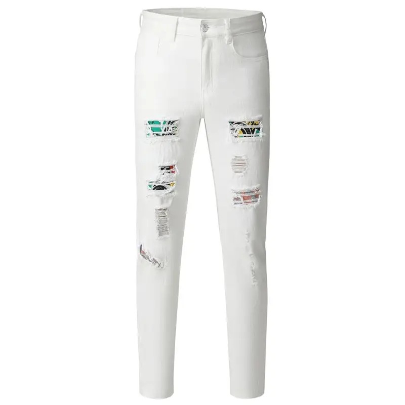 

2025 New Mens Jeans Hip Hop White Moto Skinny Ripped Pure Color Elastic Denim Pants Male Casual Waistline Jogging Pencil Pants