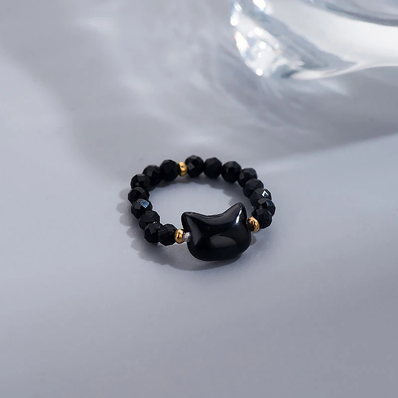 Kitty Minimalista Beading Anel de Dedo para Homens e Mulheres, Bonito Handmade, Preto e Branco Anel de Gato, Acessórios de Jóias para Festa