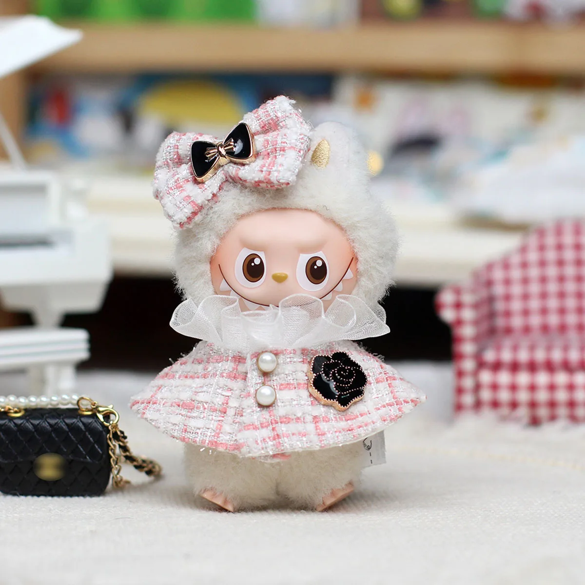 Plaid Dress Bow Hair Set Clothes For 10.5cm Labubu 4.0 Monster Needle Pin for Love Series Doll's Dressing Clothing Accessories