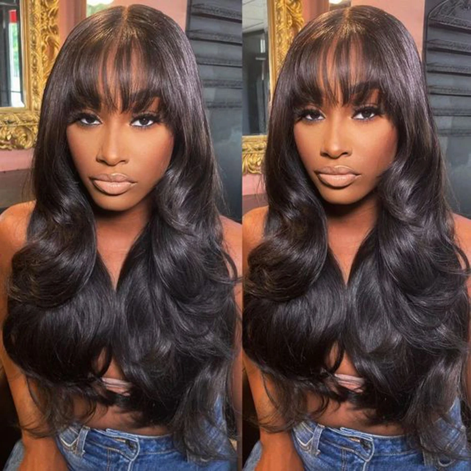 

Middle T Part Body Wave Human Hair Wig With Bangs for Black Women 3x1 Lace Wigs 180 Density Brazilian Virgin Hair Bob 8-30 Inch