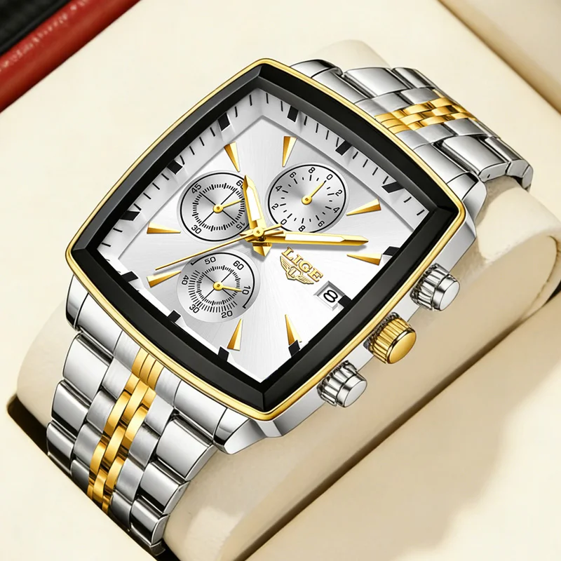 

Мужские часы LIGE, светящиеся водонепроницаемые мужские наручные часы, хронограф, дата, квадратные светящиеся модные кварцевые мужские часы, Relojs + коробка