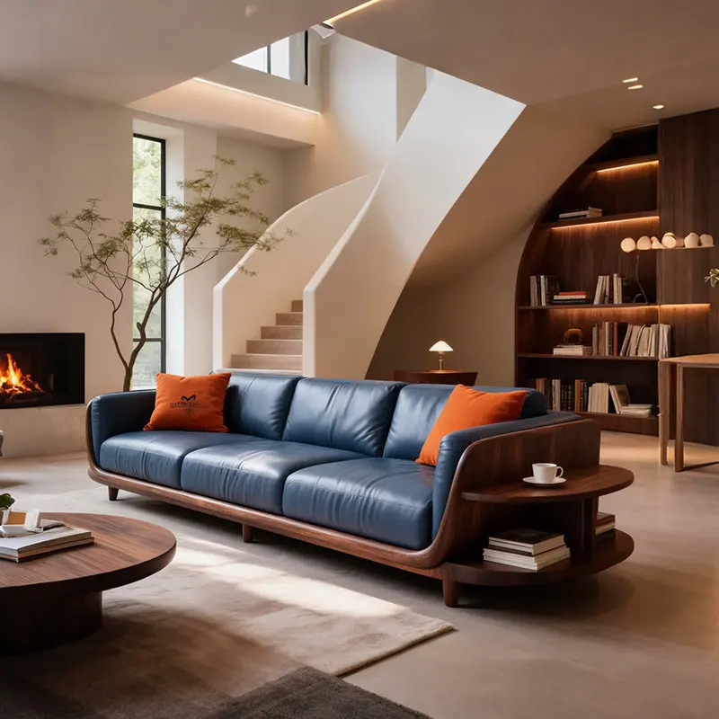 New Chinese-style solid wood sofa New simple high-end black walnut art villa living room straight row leather sofa