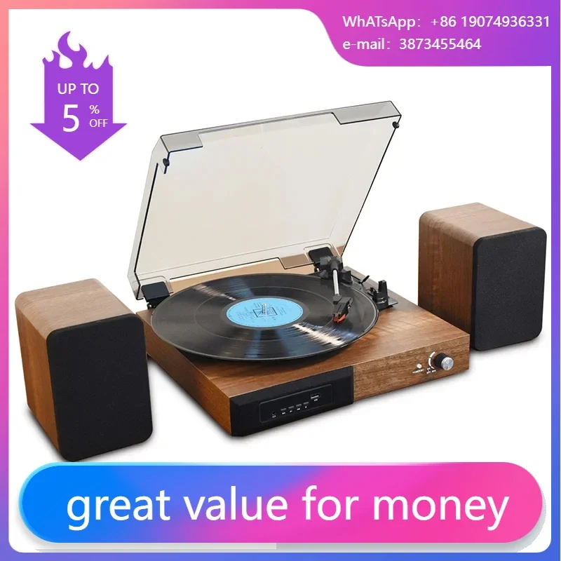 Retro Record Player Vintage Gramophone 3-Speed LP Turntable Bookshelf Speakers BT5.0 AUX-in Line-out Vinyl Audio