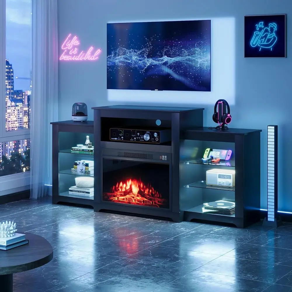 70 LED TV Stand with 26 Electric Fireplace, Adjustable Shelves Entertainment Center for Living Spaces