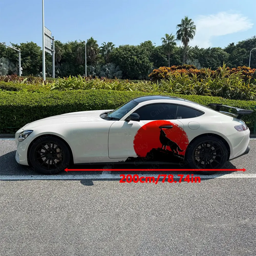 2pcs Lone Wolf Red Sun Car Side Wraps, Self-Adhesive PVC Waterproof & Scratch-Resistant Stickers, Car Accessory Gift