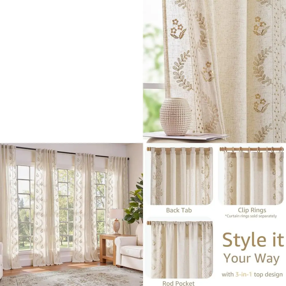 

Комплект бежевых штор из льняной смеси с цветочным узором, 84 дюйма, вышитые в стиле фермерского дома, для гостиной и спальни