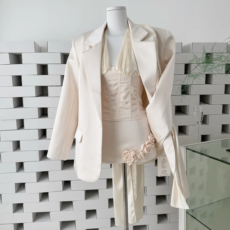 

White Ribbon Women Blazer Elegant Office Ladies Long Sleeve Single-breasted Jacket Coat with Shoulder Pad Workwear 2026 New
