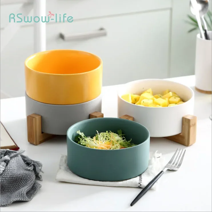 

Creative Matte Glazed Bamboo Shelf Salad Bowl Western Fruit Dessert Western Cold Ceramic Tableware Home Kitchenware