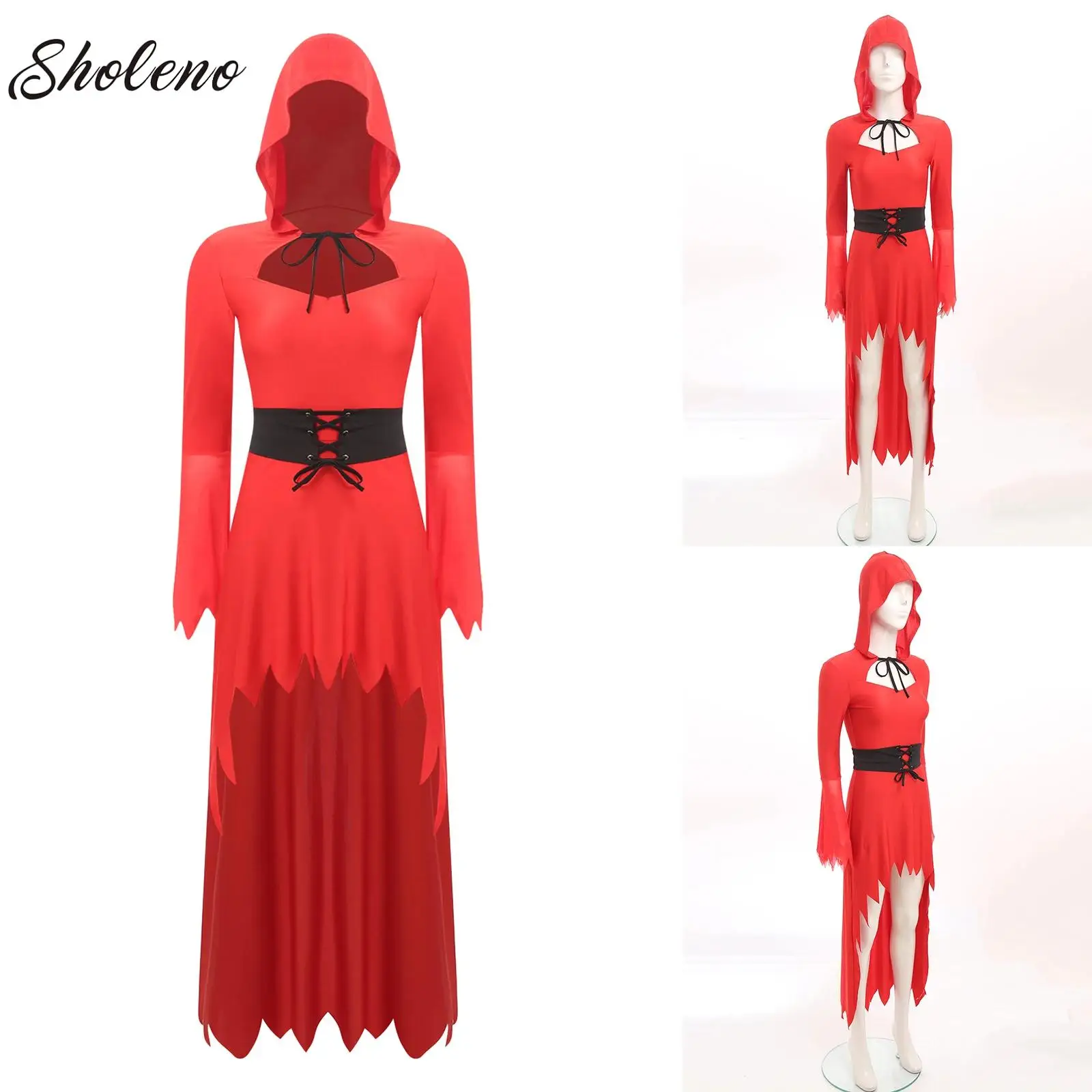 

Womens Halloween Scary Devil Cosplay Dress And Waist Belt Flared Long Sleeve High-low Hem Hooded Dress for Fancy Dress-up Party