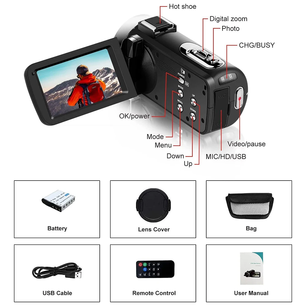 4K draagbare digitale fotografiecamera 2 in1 foto-video-opname DV-reisvideocamera 18X zoom 3 '' draaibaar scherm met flitser